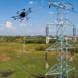 An aerial drone has an encounter with power lines. 