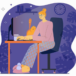 woman working from home at night in slippers, illustration