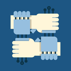 interlocking human and robotic hands, illustration