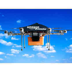 An Amazon aerial drone practices package delivery.