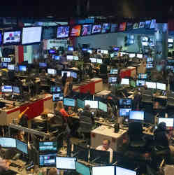 A television newsroom. 
