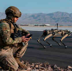 A soldier controls the robot dog. 