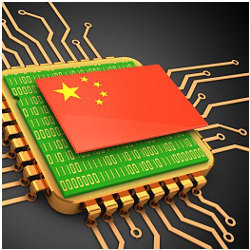 China flag atop computer chip, illustration