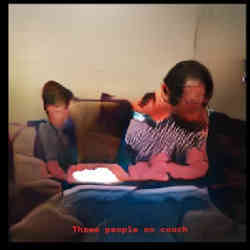 An image generated for the caption "three people on a couch."