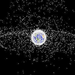 A computer-generated view of the debris field circling the Earth.