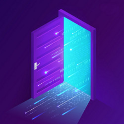 digital code moving through open door, illustration