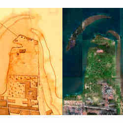 A map created in 1808 which portrays the landscape around what is modern day Recife in Brazil (left); an image (right) generated by artificial intelligence.using AI.