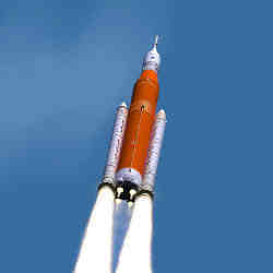 The Space Launch System during liftoff.