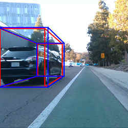 The multi-radar system predicting the dimensions of cars in live traffic. Red box is the prediction, blue box is the ground truth measurements.