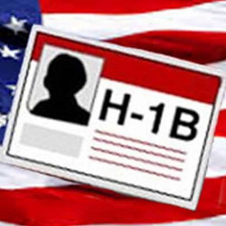 H-1B visa and an American flag, illustration