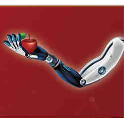 The robot fingers grasp an apple.