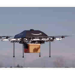 An Amazon drone carrying a package. 