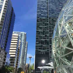 Amazons Spheres, with the Amazon Day 1 tower and Seattles iconic Space Needle in the background.