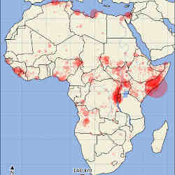Number of conflict reports averaged over all conflict avalanches per Voronoi region of Africa. Radii of circles are proportional to number of conflict events.