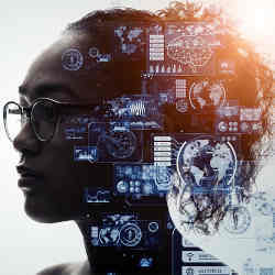 Image of a young woman with automation in her head. 