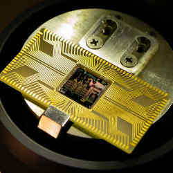 The AQFP-based MANA microprocessor seated on a chip holder. 