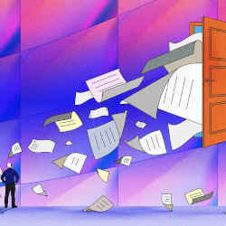 Illustration of a man being showered with documents. 