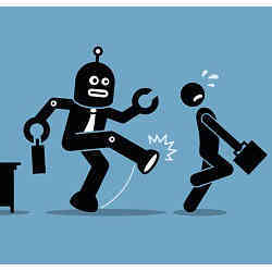 Illustration of robot forcibly replacing a human worker. 