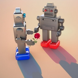 one robot offers a flower to another