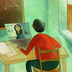 student watching lecture on laptop computer, illustration