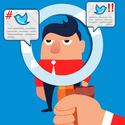 magnifying glass on person and social media posts, illustration