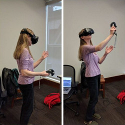 student in VR goggles holding VR wants