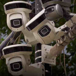 A cluster of surveillance cameras in Singapore.