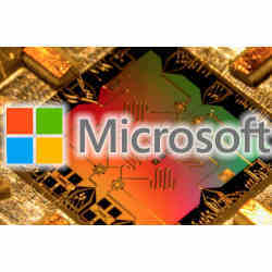 The Microsoft logo over a quantum chip. 