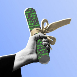 hand holds diploma made of binary code, illustration