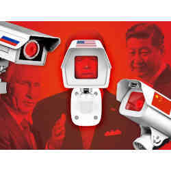 Surveillance cameras and the leaders of the U.S., Russia, and China.