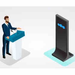 Illustration of a man debating a computer. 