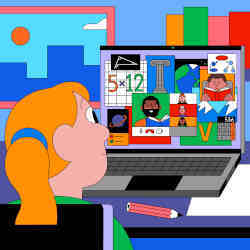 Illustration of a girl using learning apps. 