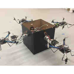 Drones autonomously collaborating to lift an object.