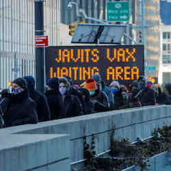 Line for vaccinations outside New York City's Javits Center. 