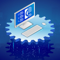 computer on gear, data analytics illustration