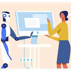 A woman having a chat with a robot. 