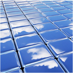 white clouds reflected in solar panels