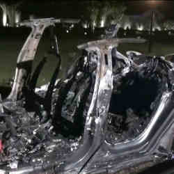 The remains of a Tesla vehicle after it burned for four hours.