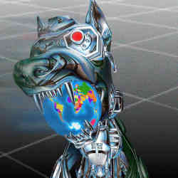 A robot dog with the world in its teeth.