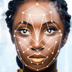 Facial recognition applied to a young woman's face. 