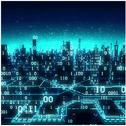 city skyline at night and binary code, illustration