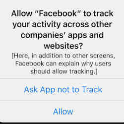 The Facebook iPhone app asks for permission to track the user, in this early mock-up of the prompt made by Apple.