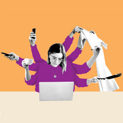 woman at laptop with seven arms performing multiple tasks, illustration