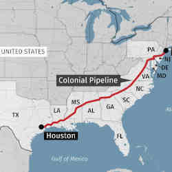 Route of the disrupted Colonial Pipeline.