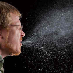 Part of the cloud of droplets generated by a sneeze.