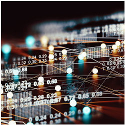 circuit board, comms signals, and numeric values, illustration