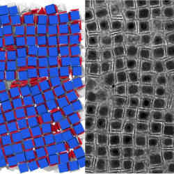 A simulation of a nanocrystal (left) next to the transmission electron microscopy (TEM) image of what was created in the lab.