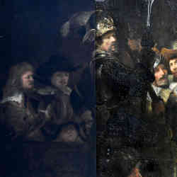 A restored panel (left) displayed next to the main body of the painting (right).