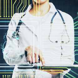 circuit hologram and woman with stethoscope holding a tablet, illustration