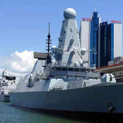 The HMS Defender (foreground) and HNMLS Eversten (rear) moored in Odessa, Ukraine on June 18.